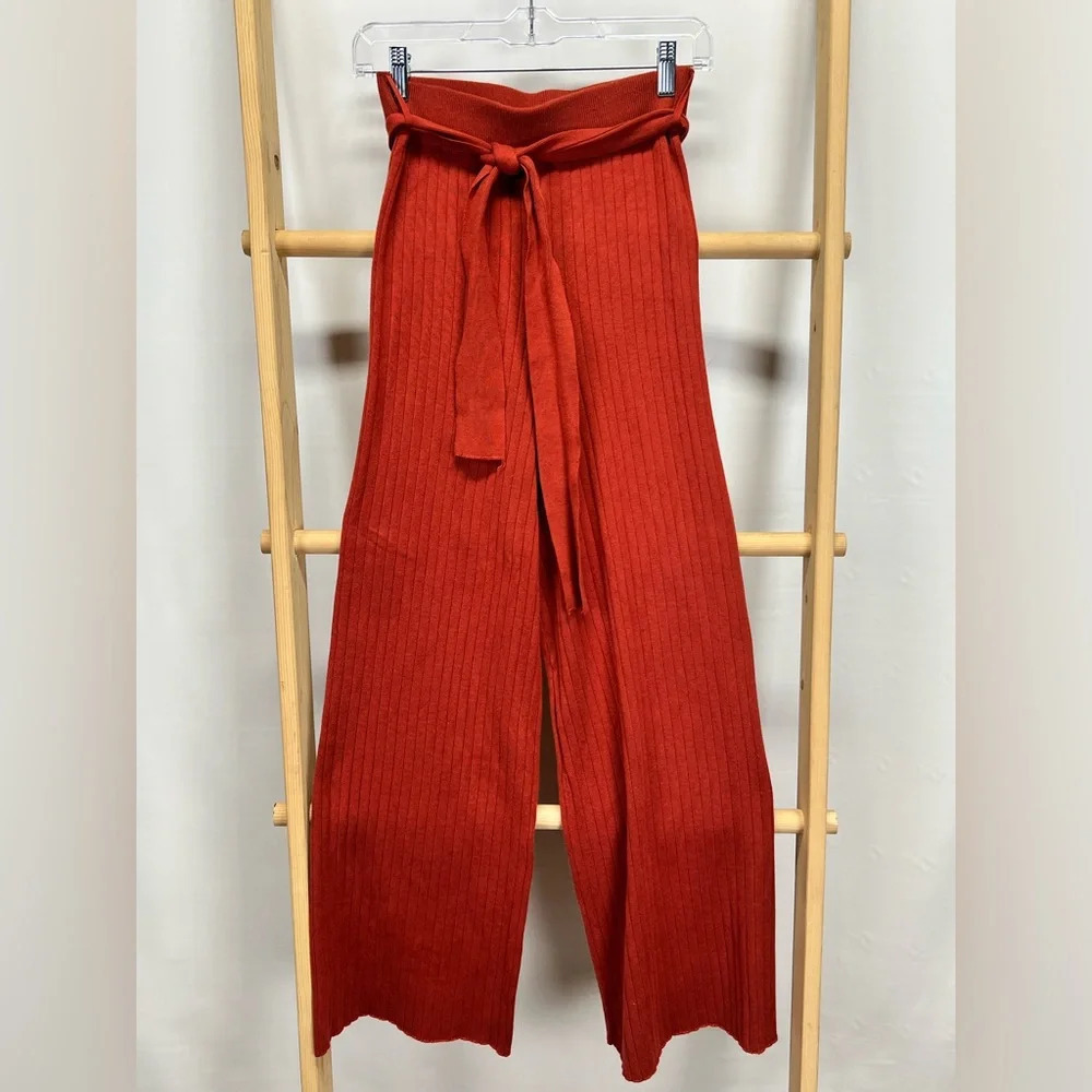 LOVE TREE Dark rust knit wide leg belted pants size S